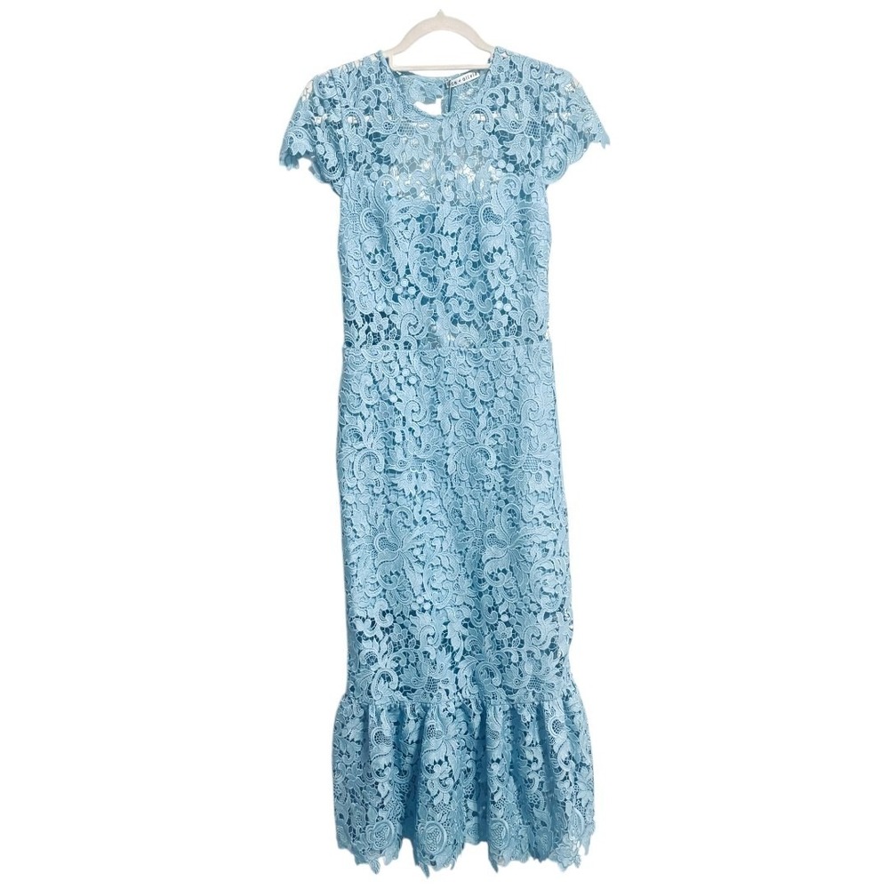 Alice + Olivia Clover Open Back Lace Dress Sz 8 Mineral Blue Ruffle - Picture 10 of 15